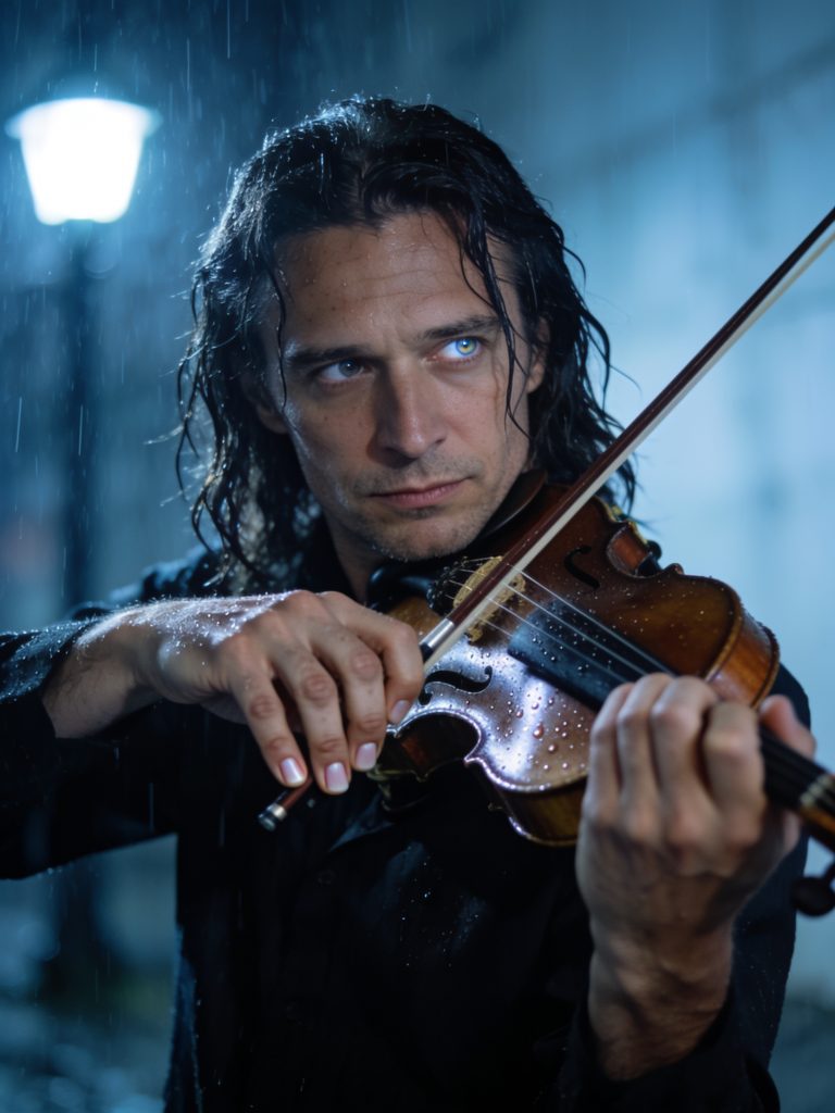 Seedream 4.5: Rainlit Violin Portrait