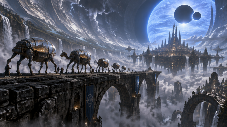 GPT Image 2.5 Sunburst: Ringworld Storm Caravan