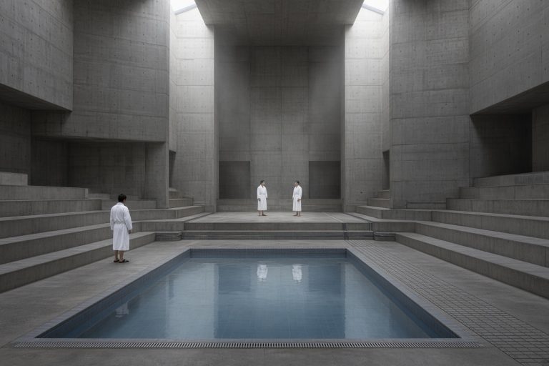 Grok Imagine Image V2: Brutalist Bathhouse Interior