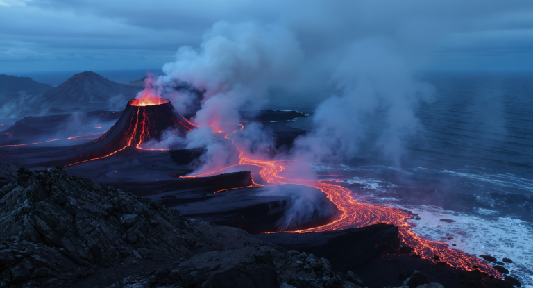 FLUX 1.1 Pro Ultra: Erupting Volcano Coast