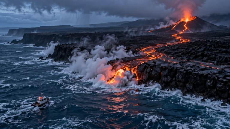 GPT Image 2.5 Sunburst: Erupting Volcano Coast