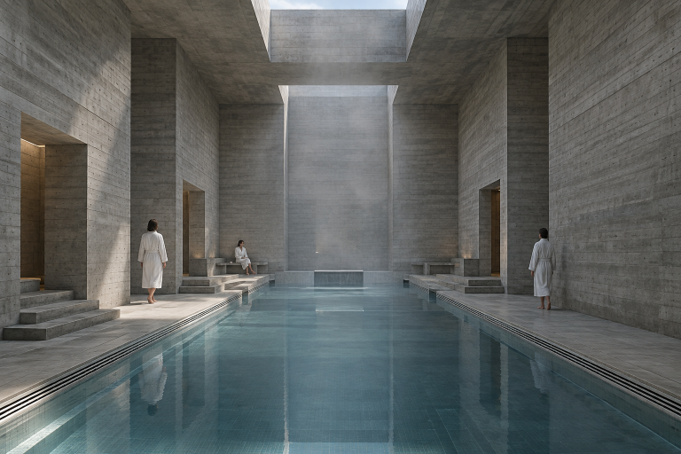 GPT Image 2.5 Sunburst: Brutalist Bathhouse Interior
