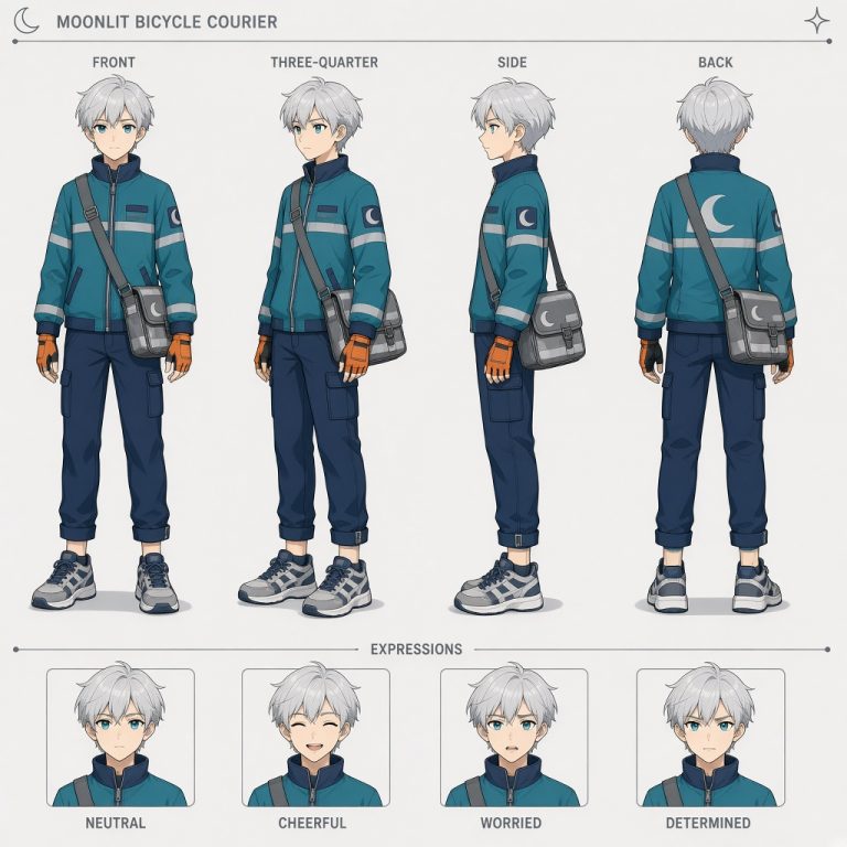 Grok Imagine Image V2: Moonlit Courier Turnaround