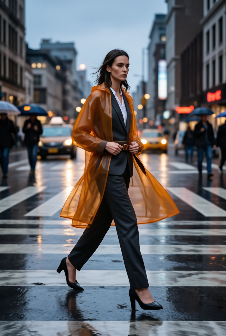 SenseNova U1 8B: Raincoat Street Editorial