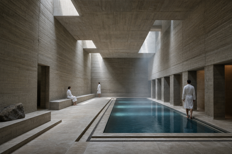 GPT Image 2: Brutalist Bathhouse Interior