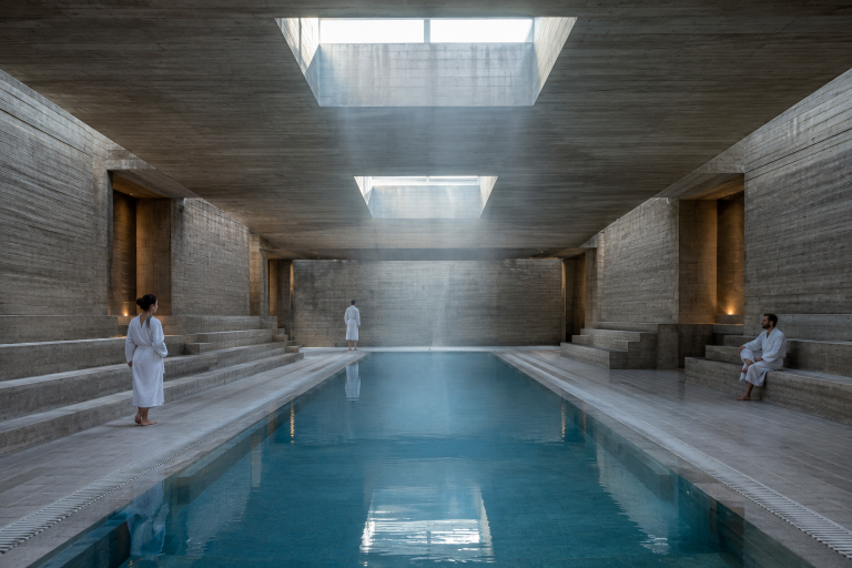 GPT Image 2.5 Flare: Brutalist Bathhouse Interior
